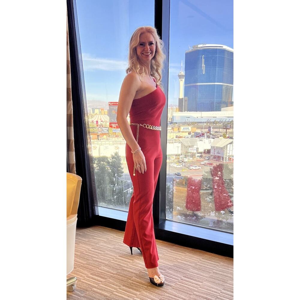 LIKELY Scarlet Red One-Shoulder Cap Sleeve Maxson Jumpsuit Size 10